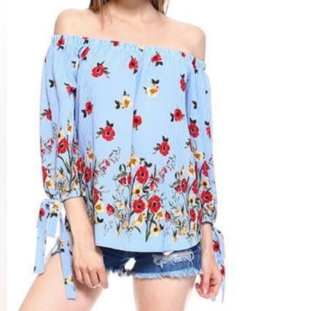 Miley + Molly | Off Shoulder Striped Floral Blouse (Size M)